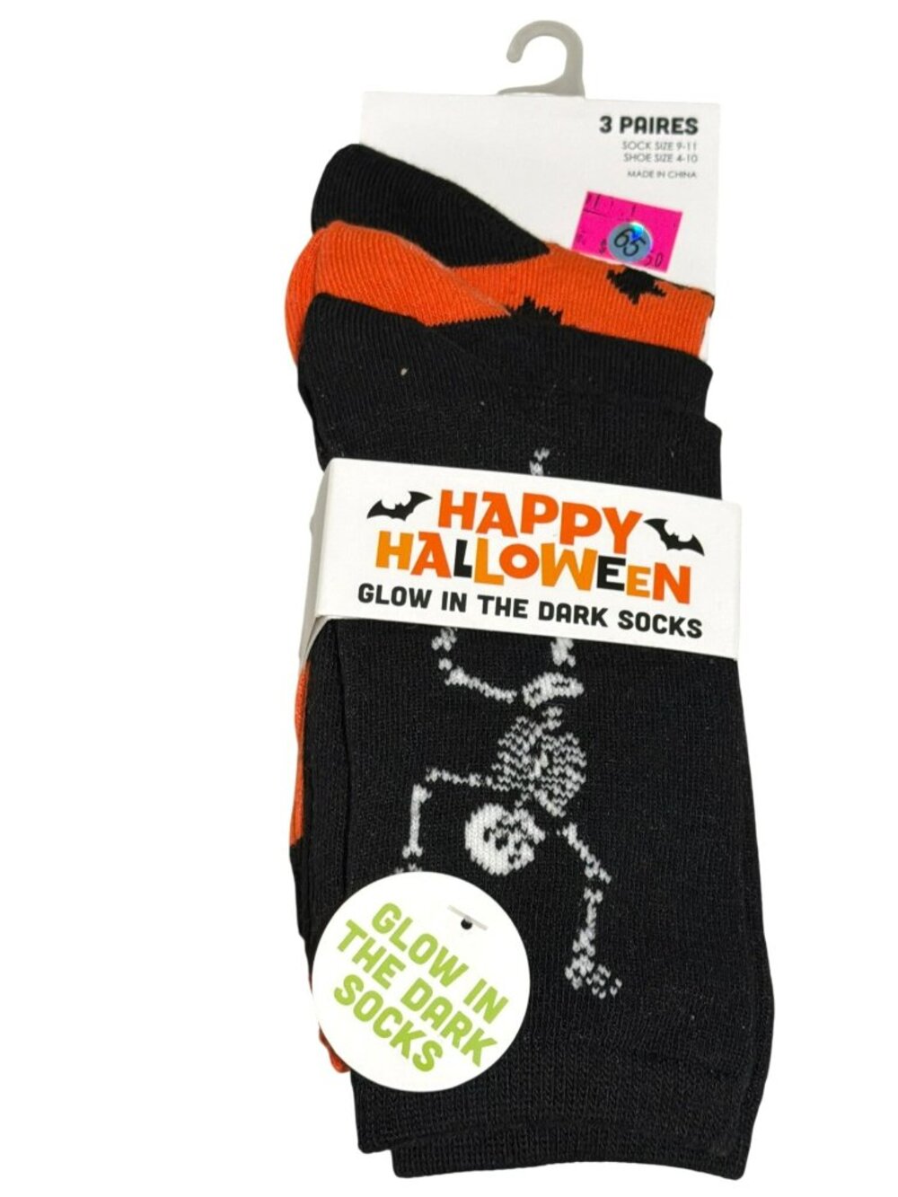 Halloween Glow In The Dark Socks 3-Pack Skeleton & Bat Print Size 9-11